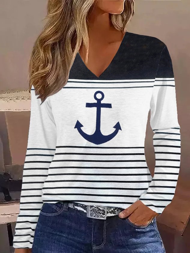 Loose Striped Anchor Casual V Neck T-Shirt