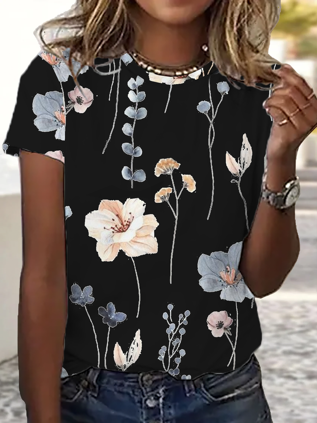 Jersey Loose Floral Casual T-Shirt