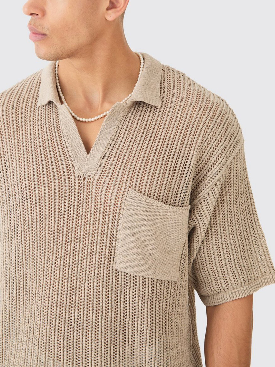 OVERSIZED BOXY OPEN STITCH POLO WITH POCKET