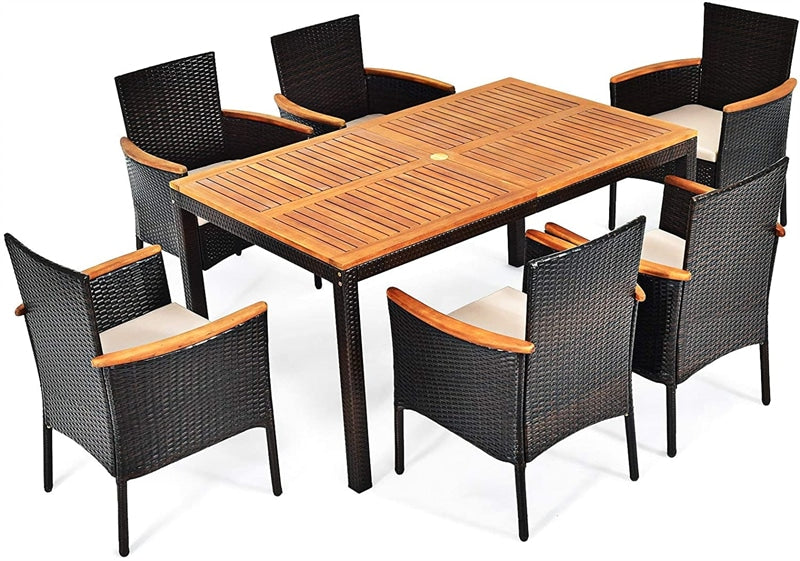 7 Piece Rattan Patio Dining Set with Acacia Wood Table & Stackable Wicker Chairs