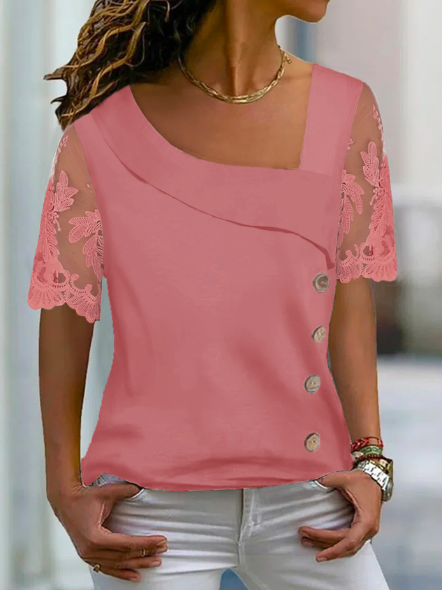 Casual Asymmetrical Neck Buttoned Mesh Blouse