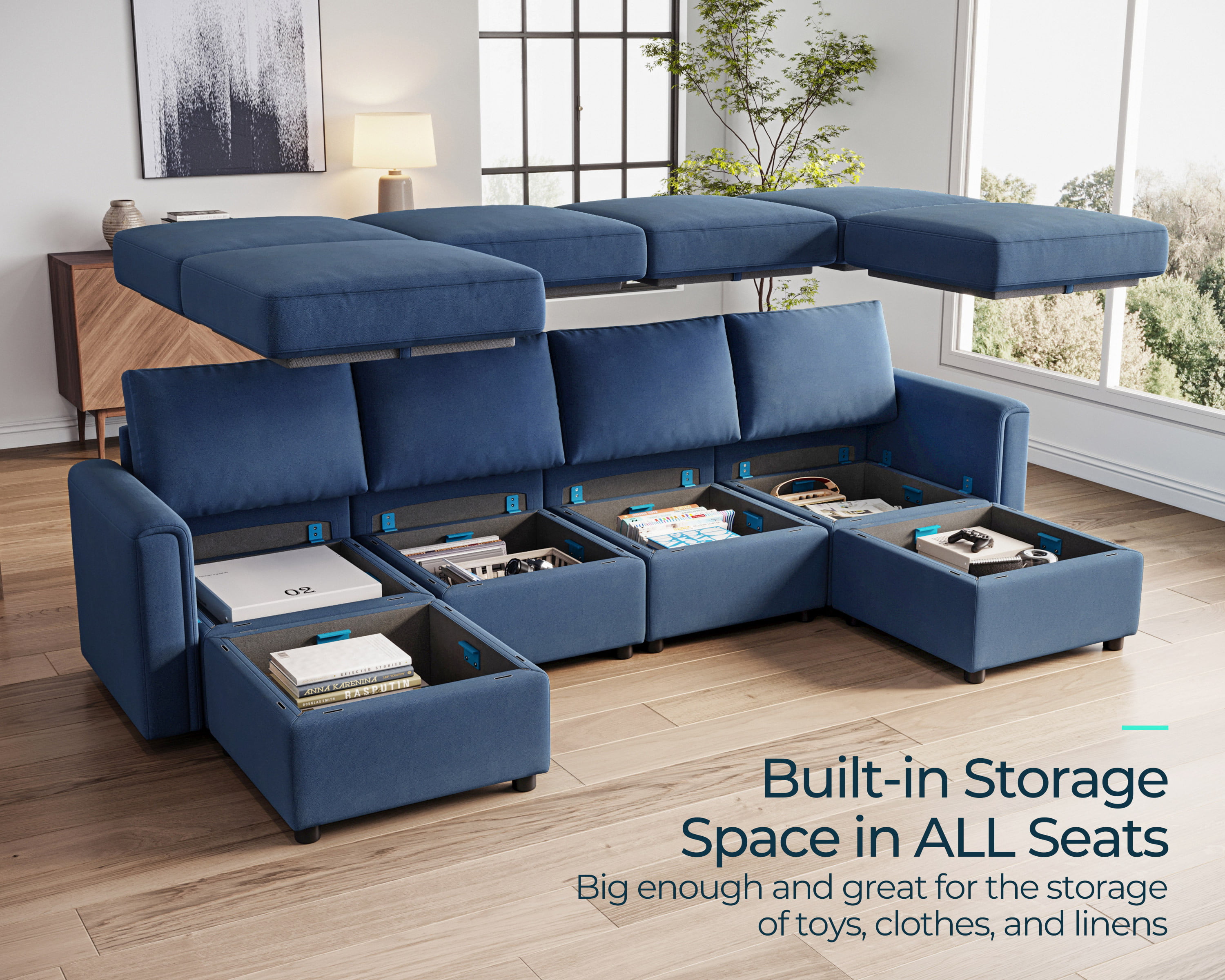 LINSY HOME Modular Couches and Sofas Sectional with Storage Sectional Sofa U Shaped Sectional Couch with Reversible Chaises, Dark Gray