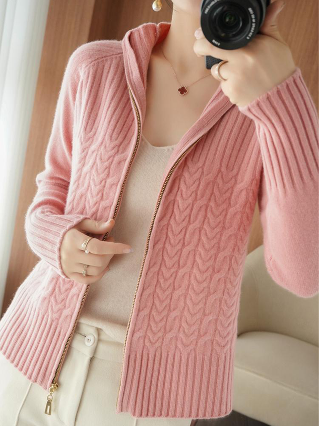 Women Wool/Knitting Plain Long Sleeve Comfy Casual Zipper Cardigan