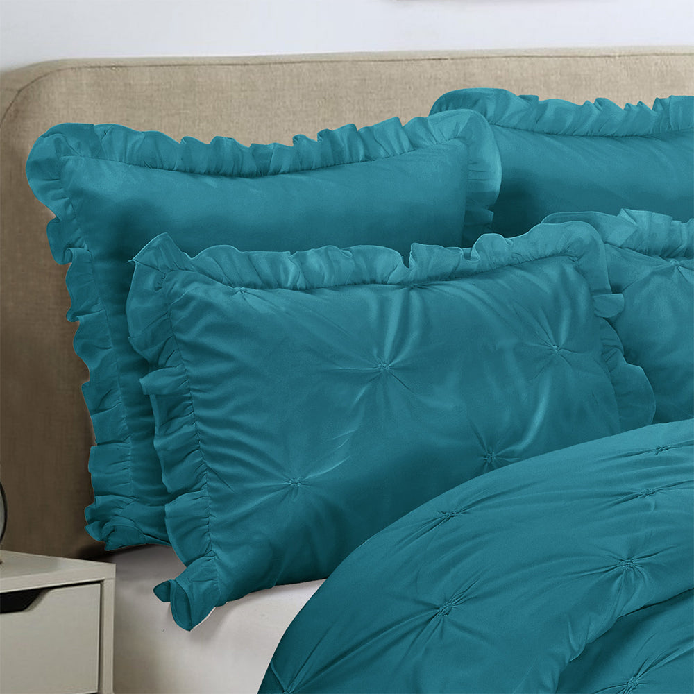 5 Piece Pinch Pleat Scallop Fringe Teal Bedding Comforter Set