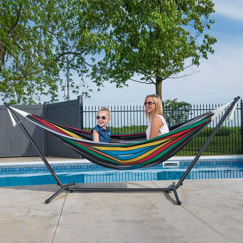 Double Cotton Hammock with Space Saving Steel Stand, Tropical (450 lb Capacity - Premium Carry Bag Included)