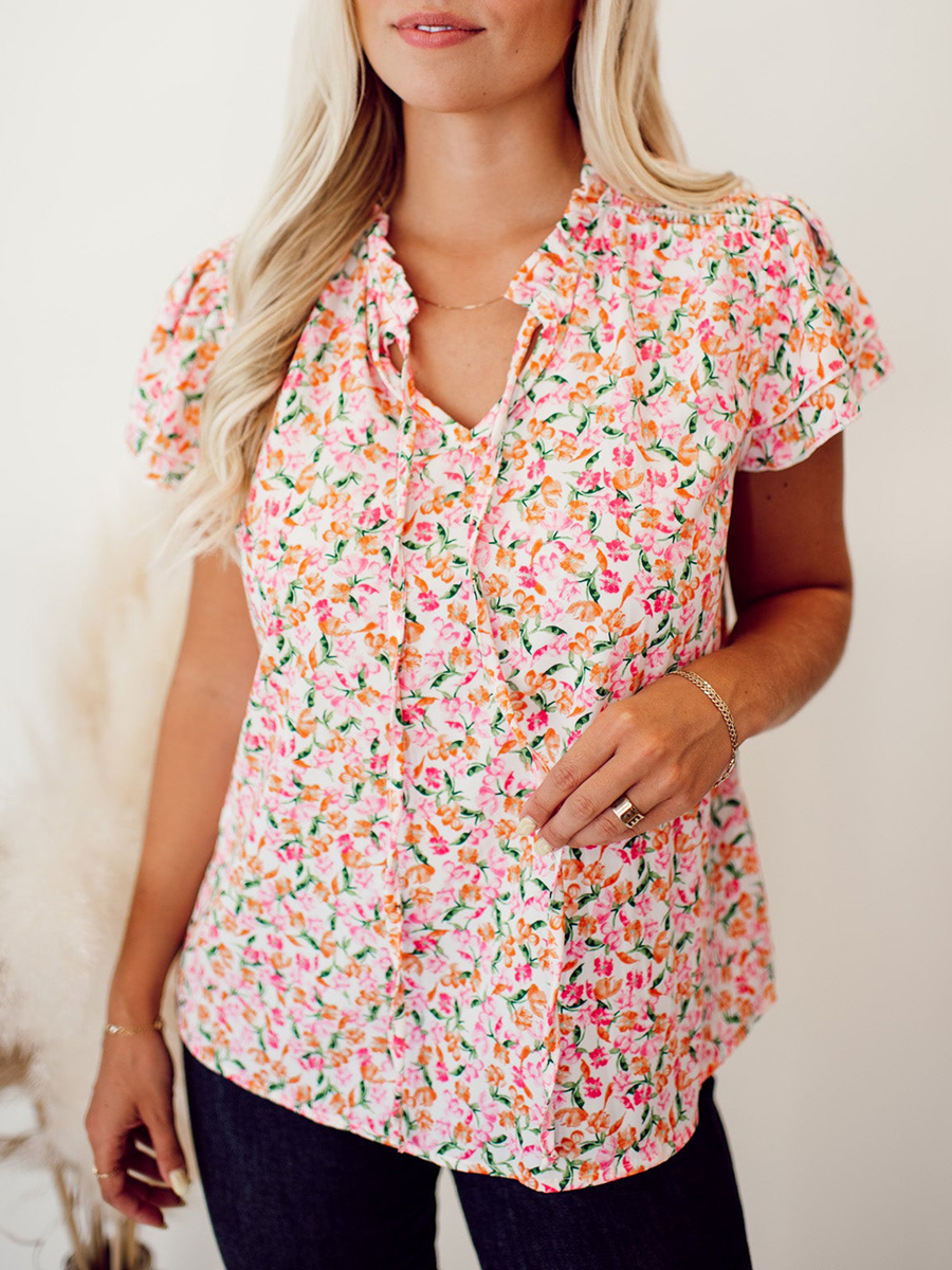 Flower pattern tie up layered short sleeved top