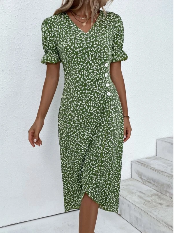 Women Vacation Floral Print V Neck Button Dress