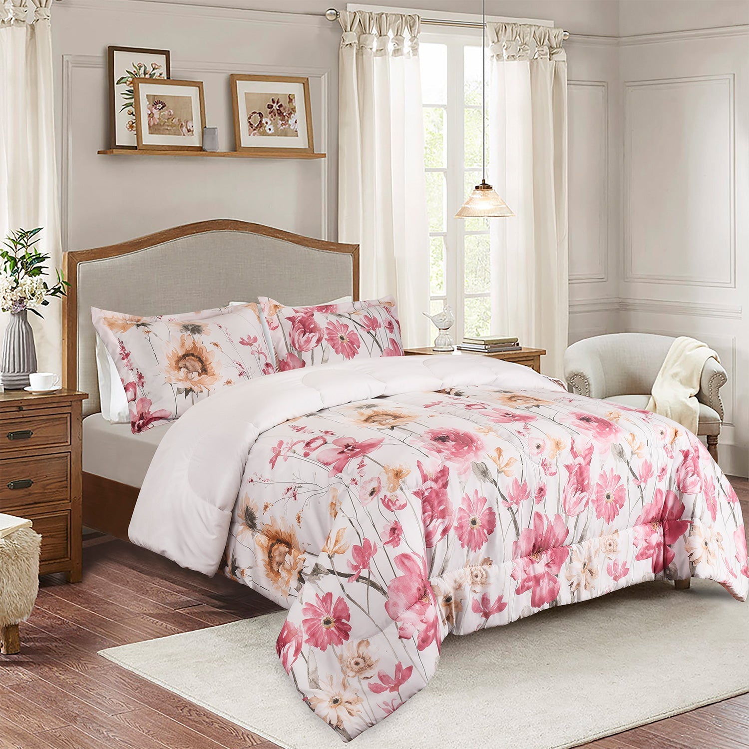 HIG 3 Piece Bohemian Floral Print Comforter Set for Queen King Bed, Pastoral Style Lightweight Duvet Set for Bedroom Decor