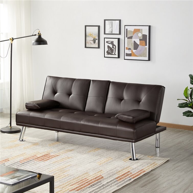 Janni 66'' Wide Faux Leather Cushion Back Convertible Sofa with Cup Holder