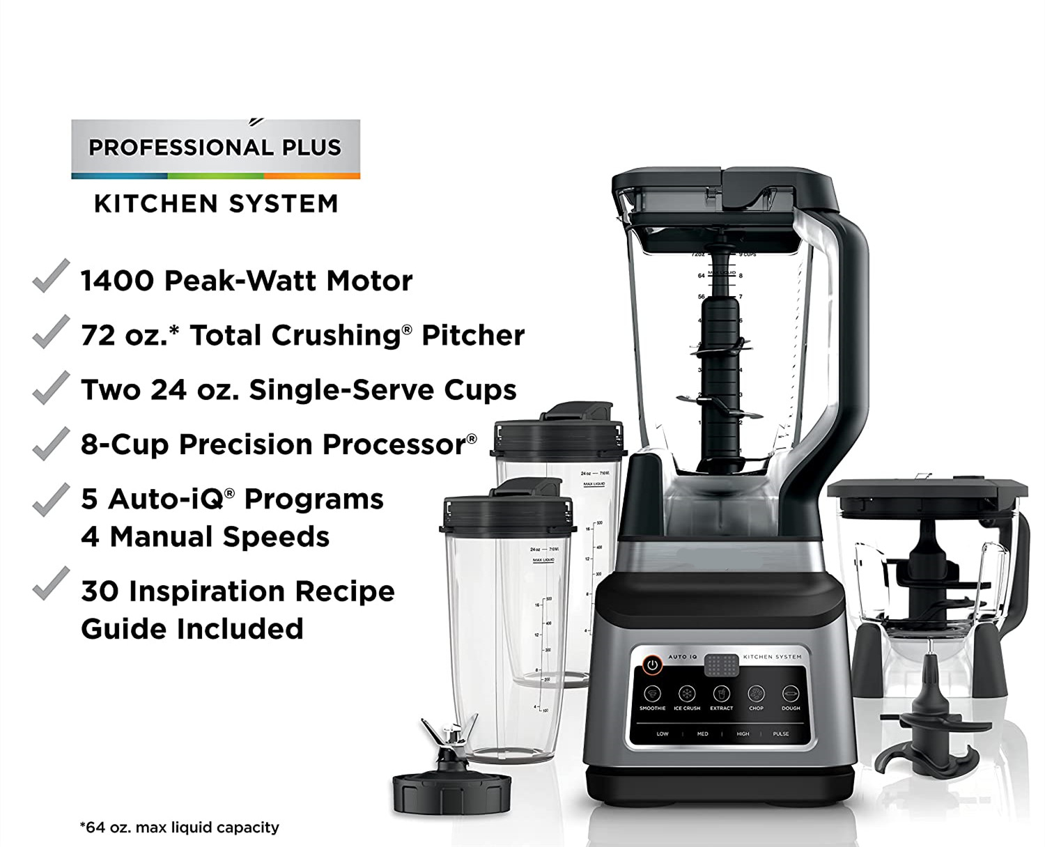 (Store Closing Sale) Mega Kitchen System, 72 oz. Pitcher, 8-Cup Food Processor, 16 oz. Single Serve Cup, 1500-Watt, Black