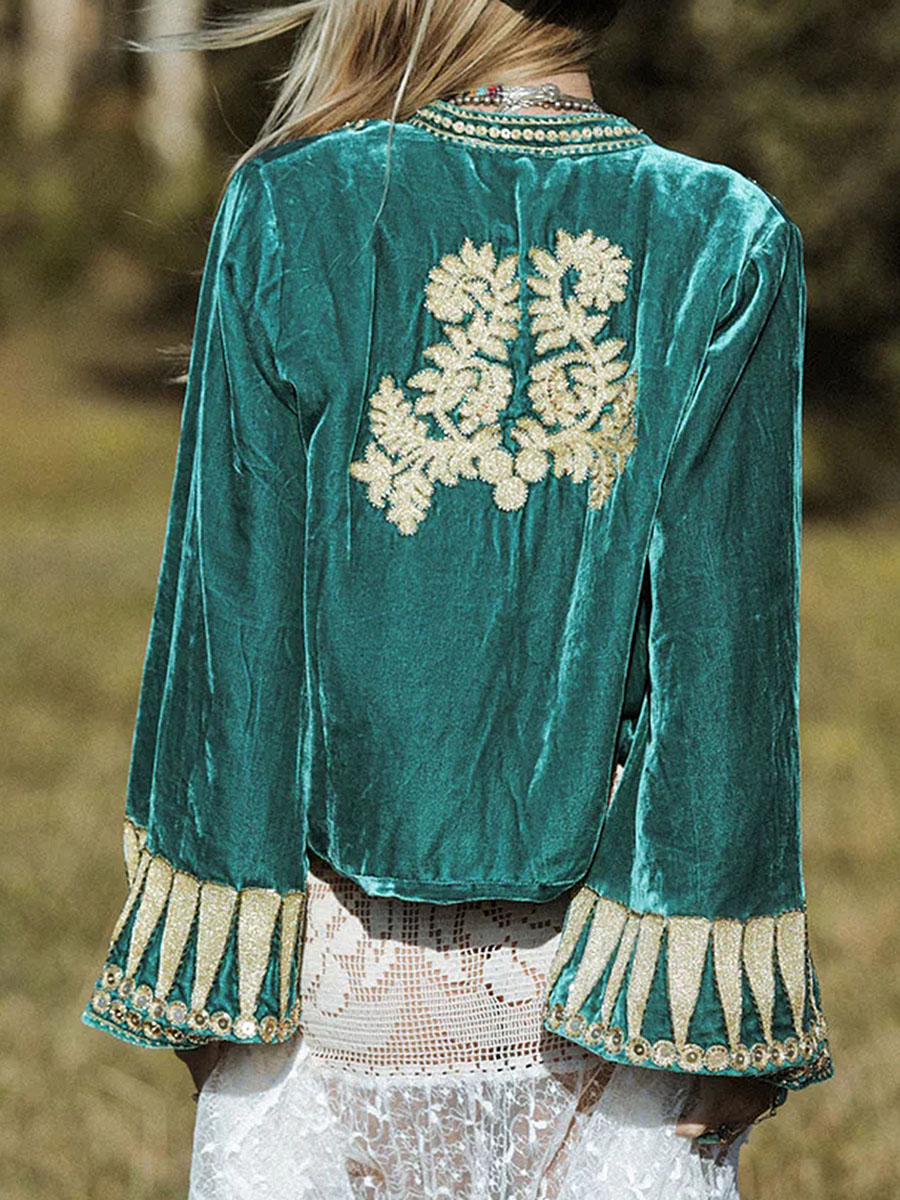 Women's Casual Embroidered Velvet Cardigan