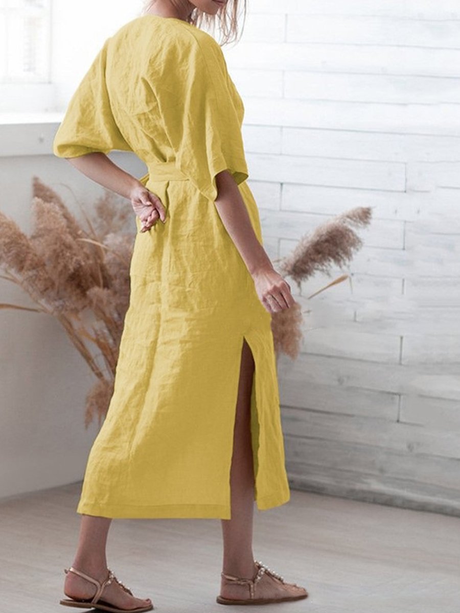 Women's Solid Color V-Neck Belt Loose Swing Cotton Linen Dress