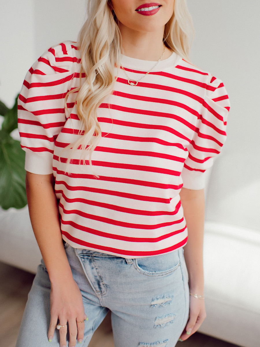 Red striped bubble sleeved sweater top