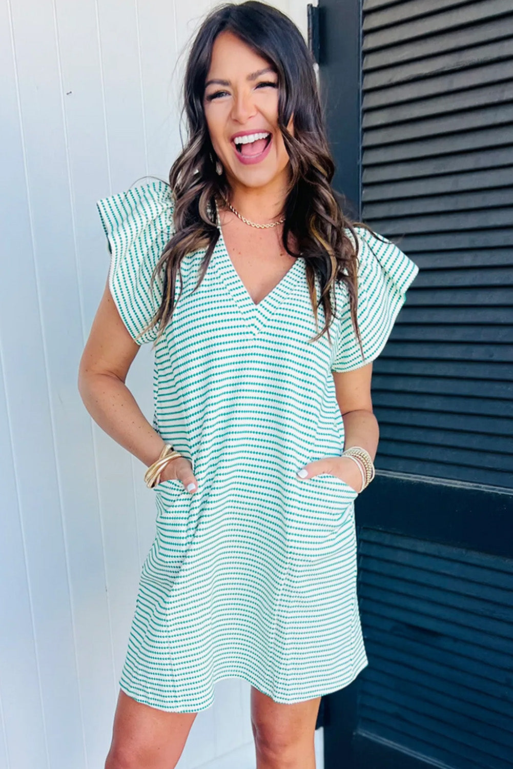 Black Striped V Neck Flutter Sleeve Mini Dress