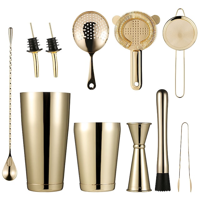 Boston Cocktail Shaker Set 12 Stainless Steel Bartender Kit, Including Shaker Tins, Double Jigger, Muddler, Mixing Spoon, Ice Tong, Cocktail Strainer and Conical Strainer by Barfame Gold Sliver Black