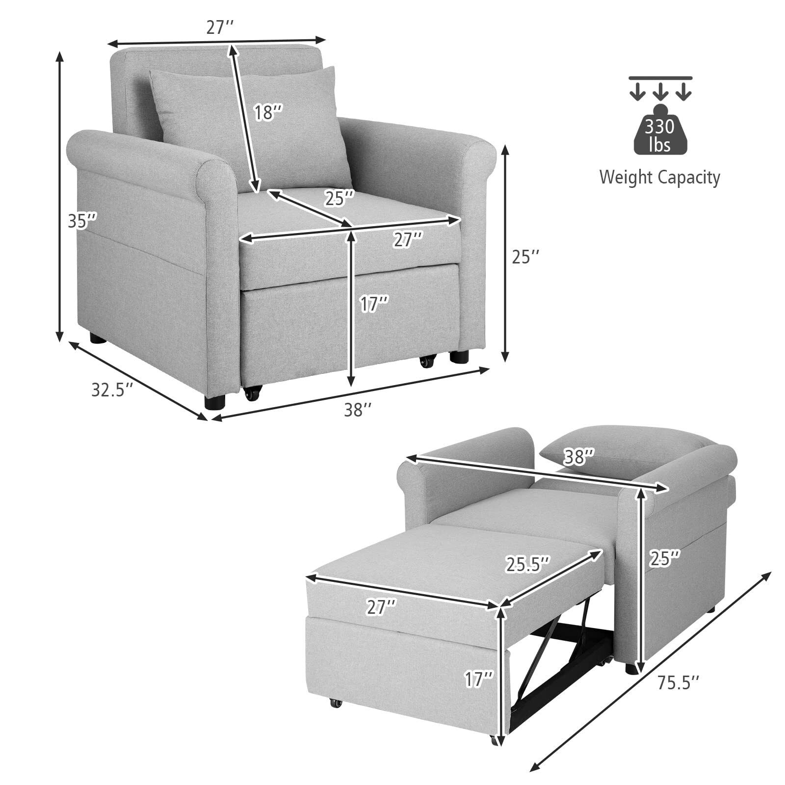 Convertible Sofa Sleeper - 3-in-1 Pull-Out Chair Bed, Adjustable Recliner Backrest