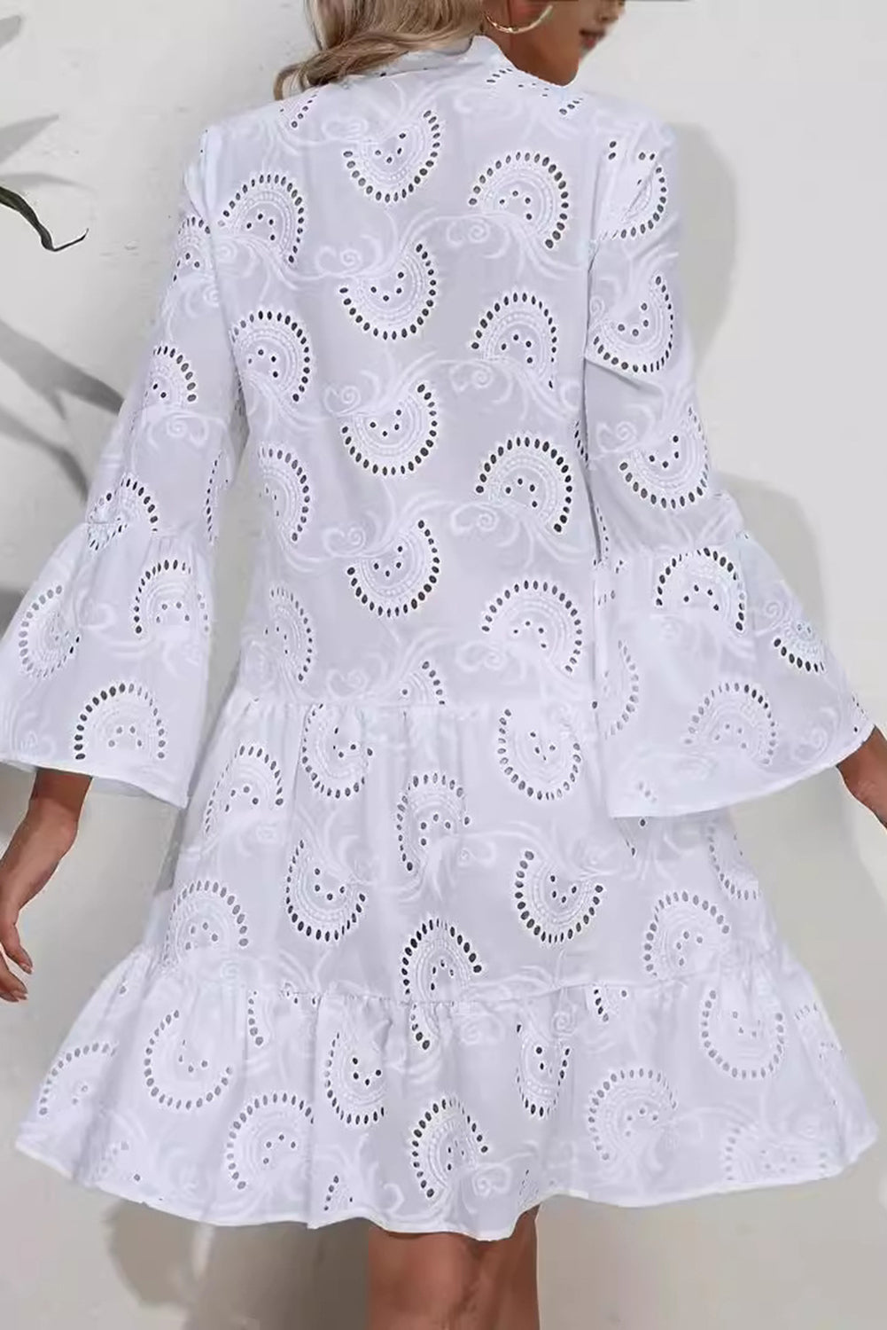 White Lace Embroidery Hollow Flower V Neck Loose Short Dress