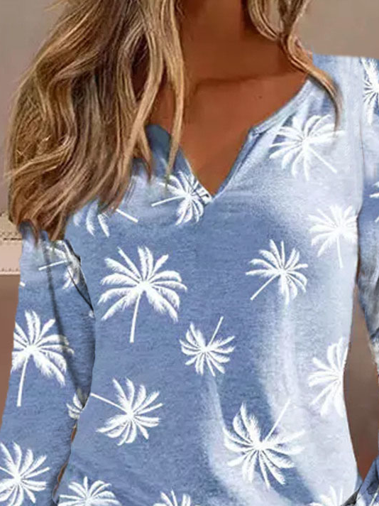 Casual Coconut Tree V Neck Long Sleeve T-shirt