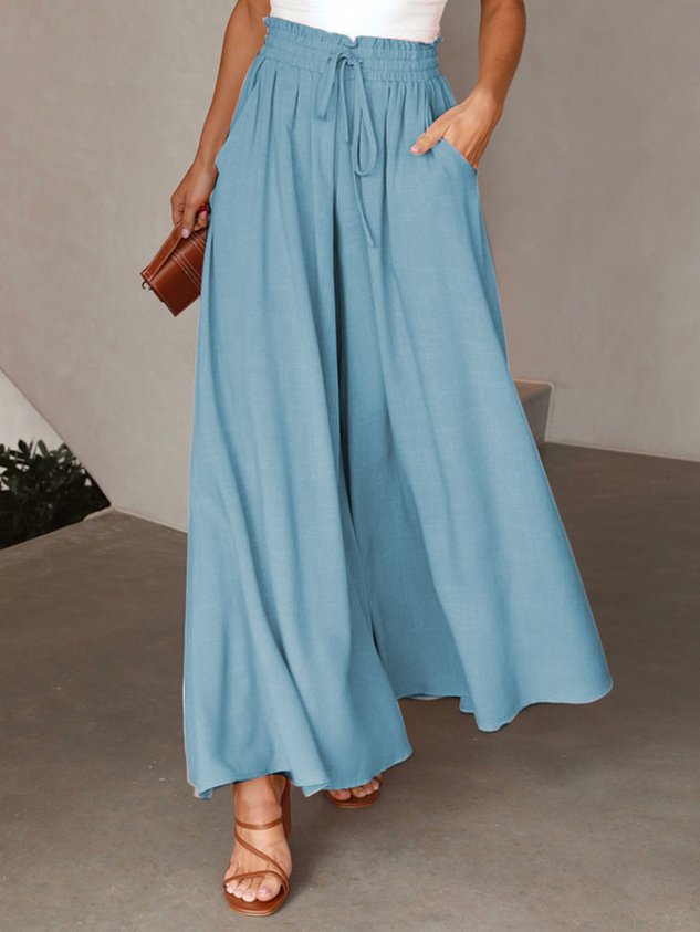 Plain Casual Wide Leg Shirred Waist Pant