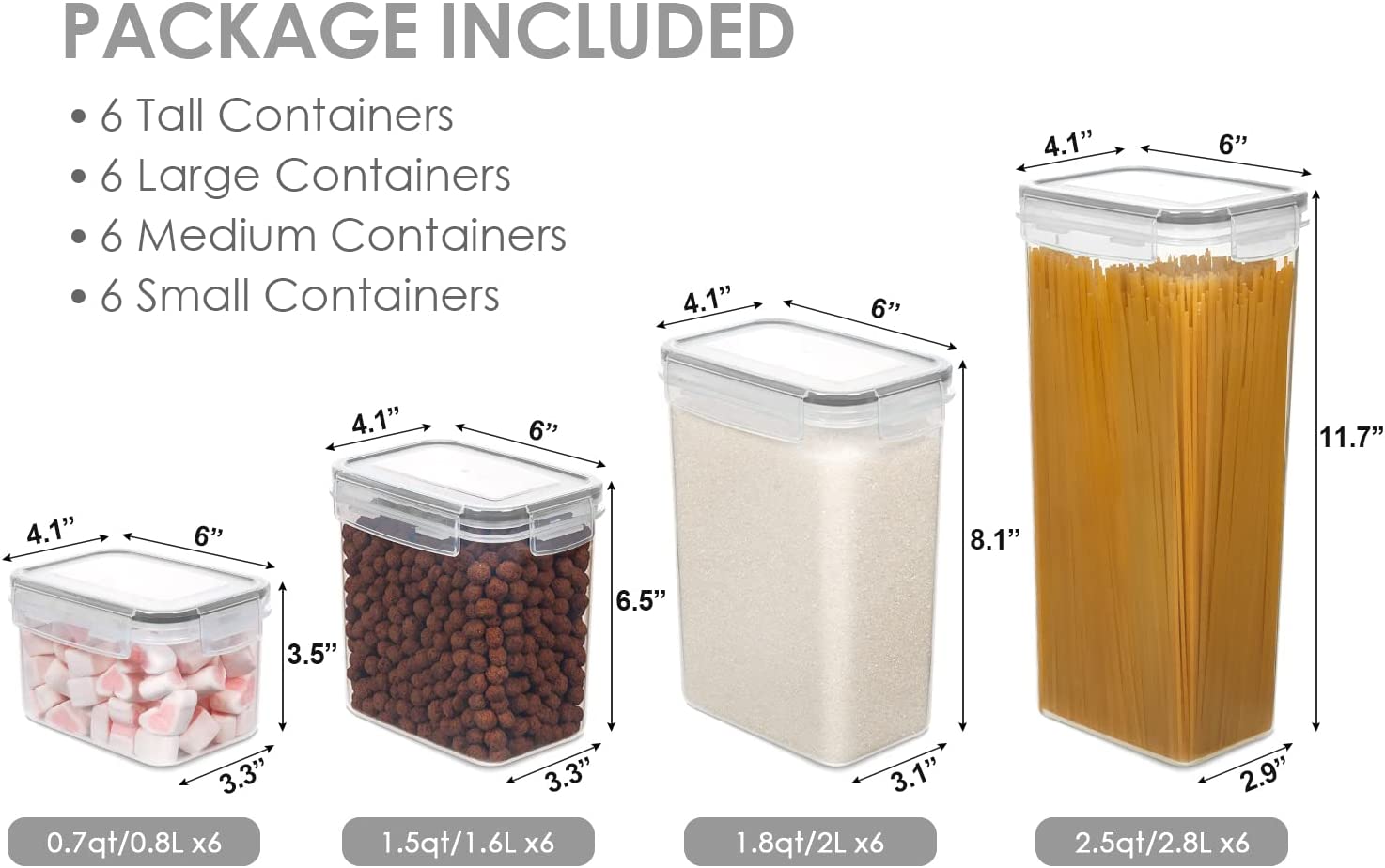 Airtight Food Storage Containers with Lids, 24 pcs Plastic Kitchen and Pantry Organization Canisters for Cereal, Dry Food, Flour and Sugar, BPA Free, Includes 24 Labels