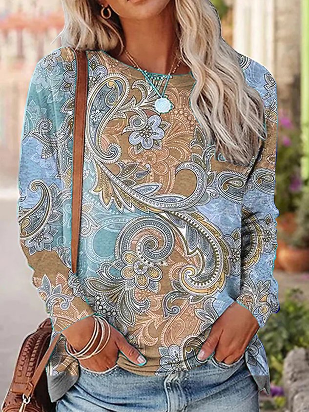 Casual Paisley Crew Neck Long Sleeve T-shirt