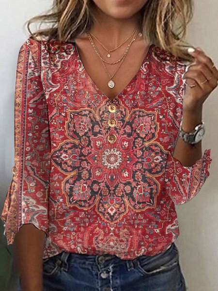 Casual Ethnic V Neck Three Quarter Sleeve T-shirt