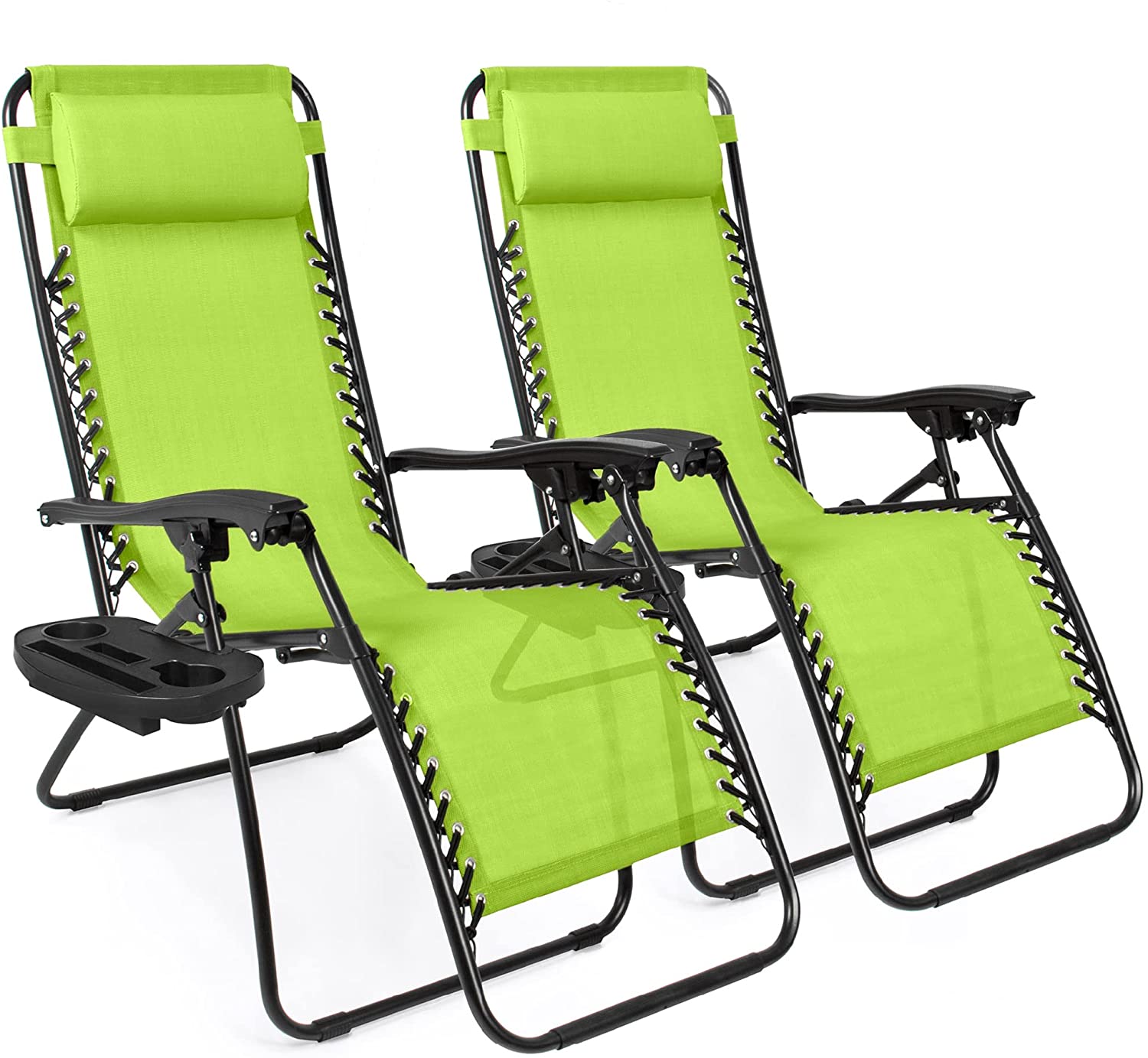 Set of 2 Adjustable Steel Mesh Zero Gravity Lounge Chair Recliners w/Pillows and Cup Holder Trays