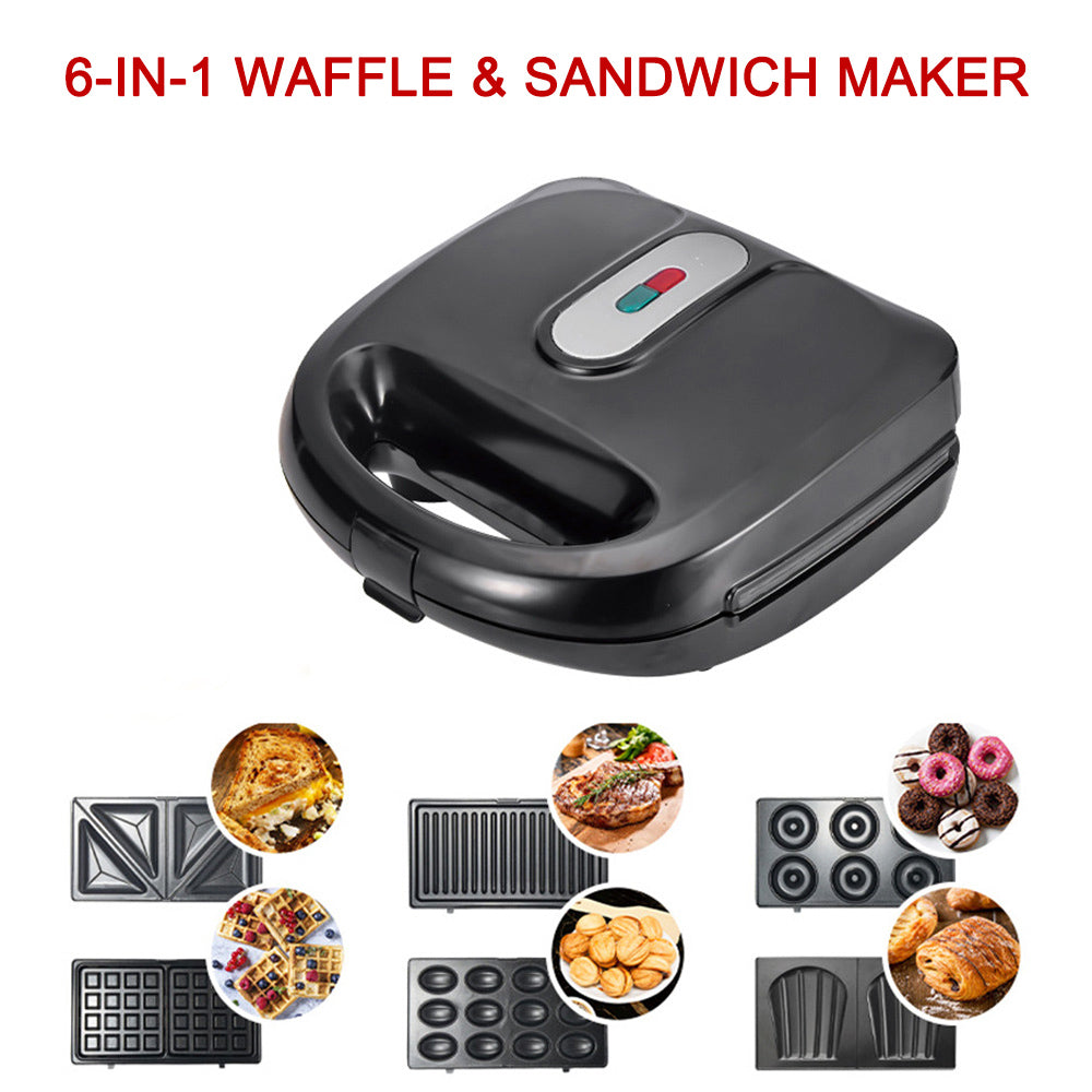 (Store Closing Sale) 6-in-1 Waffle Maker EU Plug Sandwich Maker Grill Breakfast Maker Doughnut Cake Maker Compact Kitchen Dining Kitchen Accessories