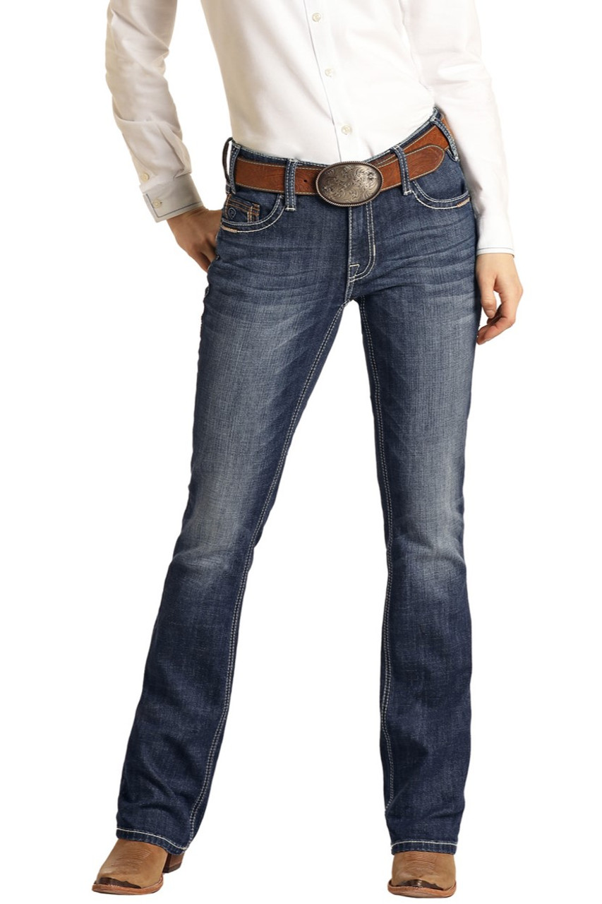 Simple women's mid-waist pocket line design details denim pants