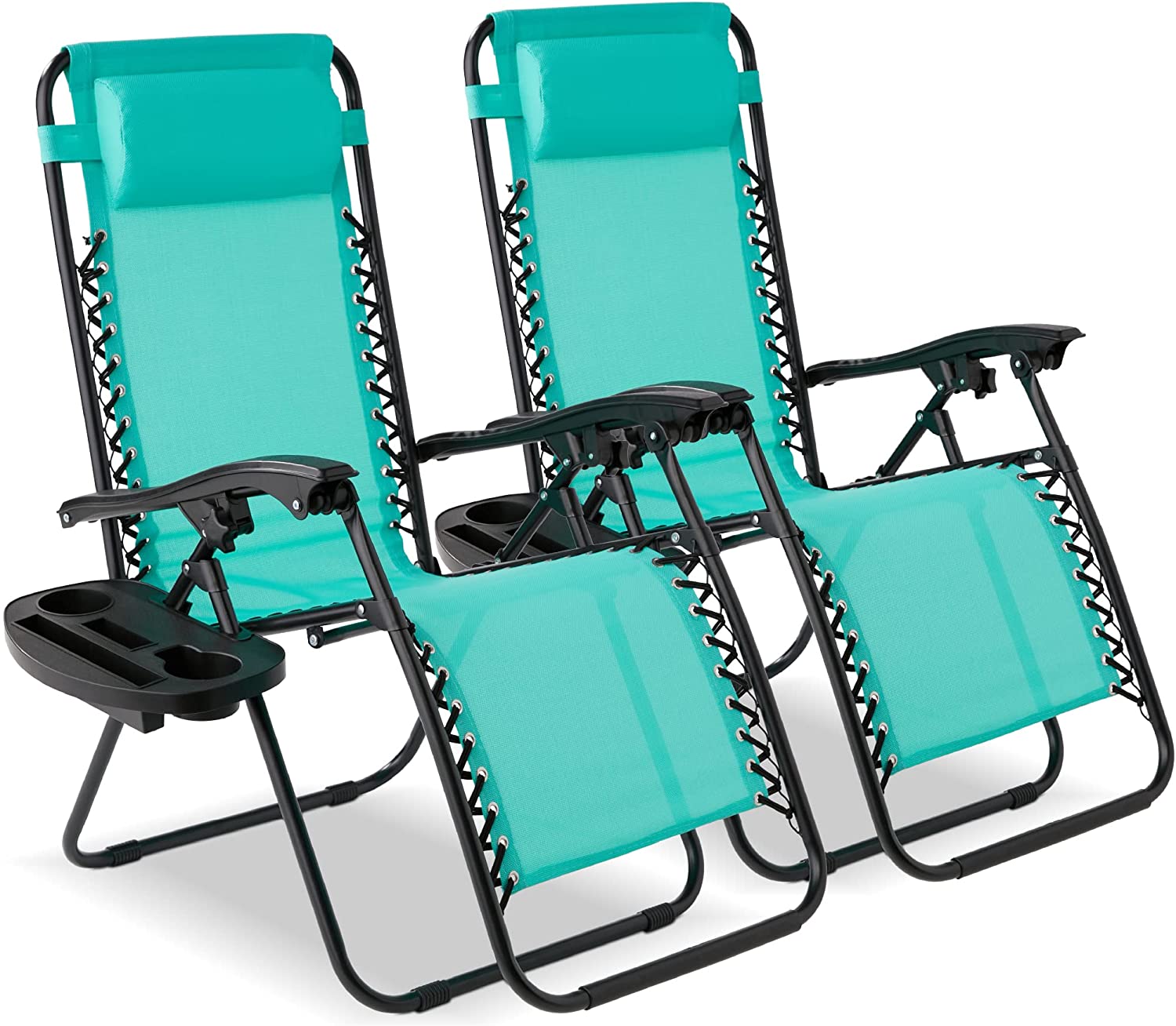 Set of 2 Adjustable Steel Mesh Zero Gravity Lounge Chair Recliners w/Pillows and Cup Holder Trays