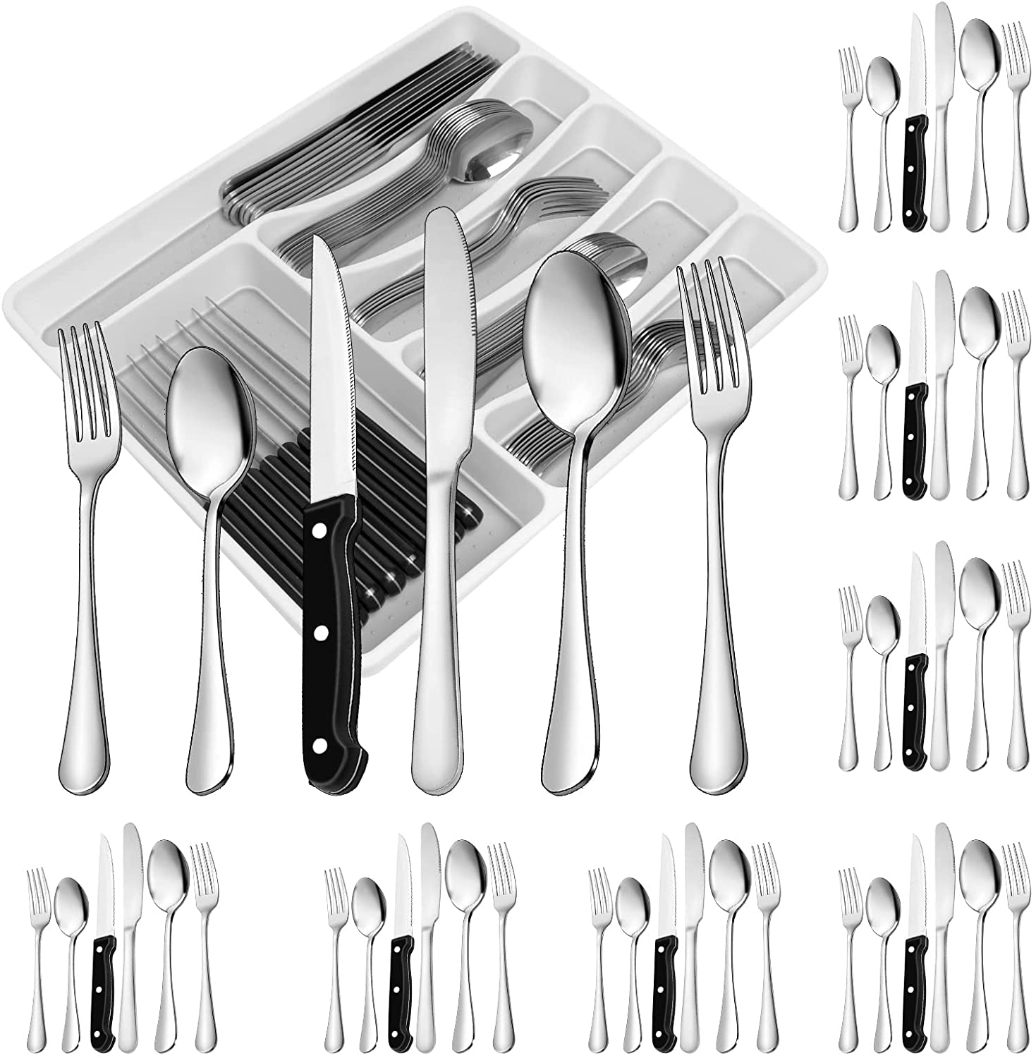 49-Piece Silverware Set with Flatware Drawer Organizer, Durable Stainless Steel Cutlery Set for 8, Mirror Polished Kitchen Utensils Tableware Service with Steak Knives Dinner Fork Knife Spoon & Tray