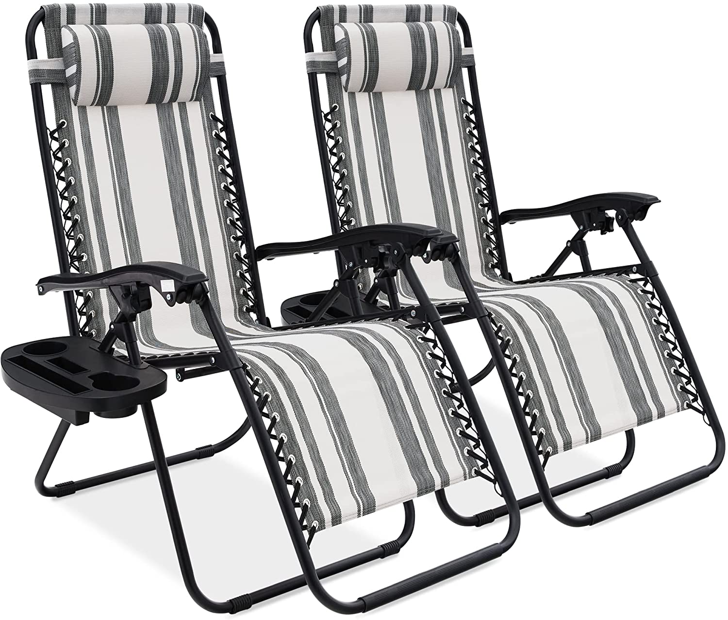 Set of 2 Adjustable Steel Mesh Zero Gravity Lounge Chair Recliners w/Pillows and Cup Holder Trays