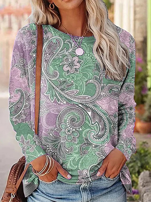 Casual Paisley Crew Neck Long Sleeve T-shirt