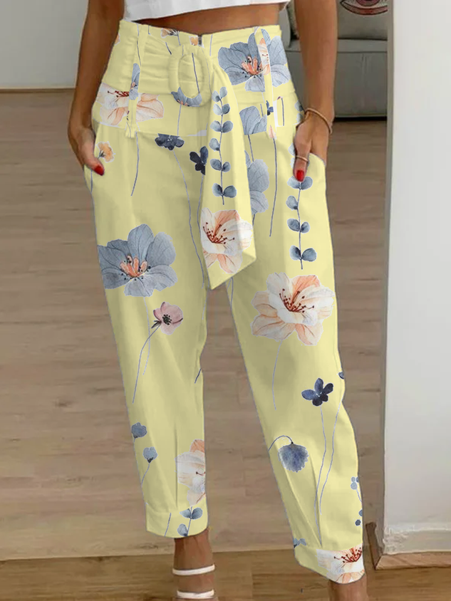 Flower Print Paperbag Cropped Pant