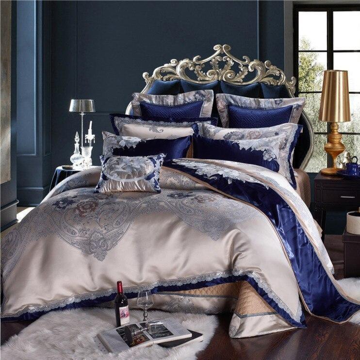 Blue Silver Silk Cotton Jacquard Luxury Chinese Duvet Cover Set