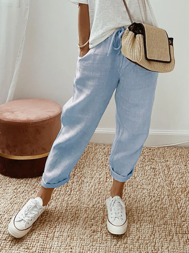 Casual Baggy Cotton Linen Cropped Plain Pant