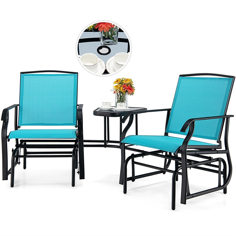 2-Seat Patio Rocking Chair Outdoor Double Glider Chair with Glass Table & Umbrella Hole