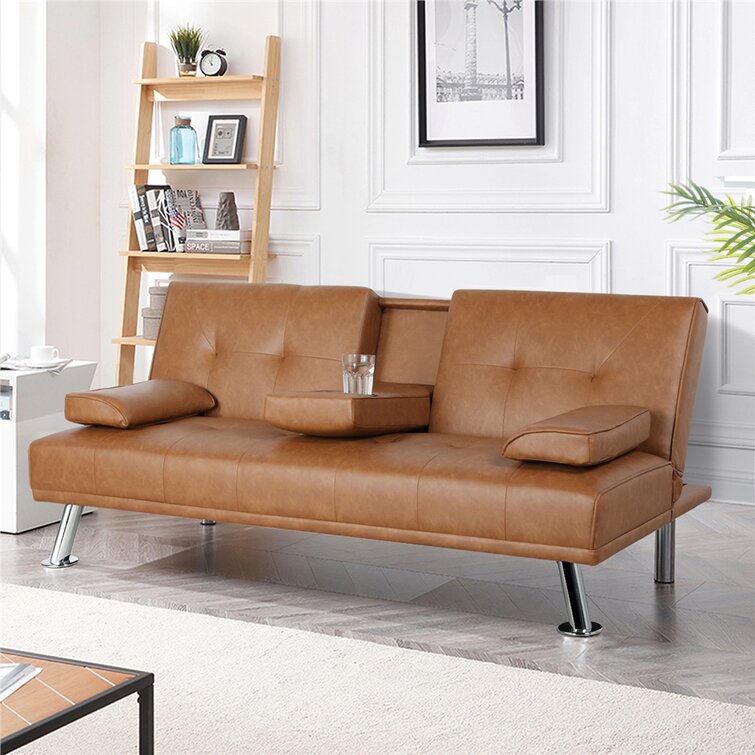 Janni 66'' Wide Faux Leather Cushion Back Convertible Sofa with Cup Holder