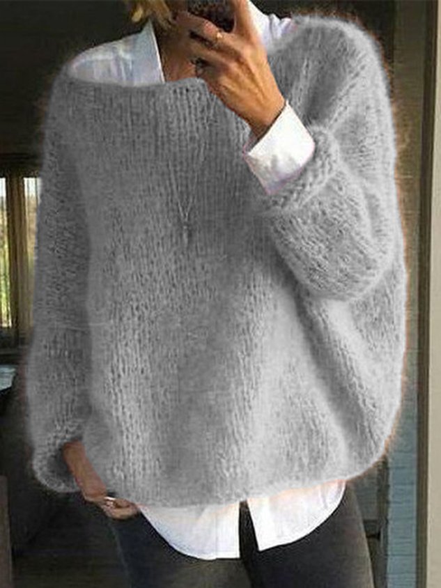 Women Knitted Plain Long Sleeve Comfy Casual Sweater