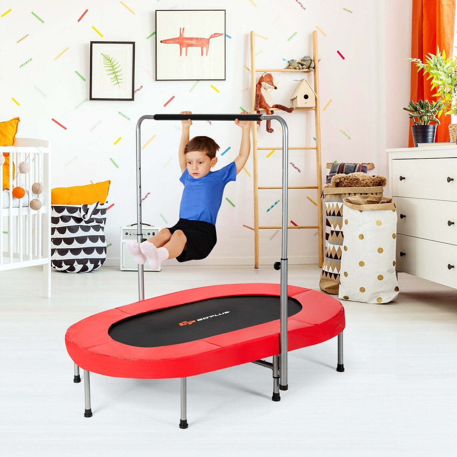 Foldable Double Mini Kids Fitness Trampoline Rebounder with Adjustable Handle