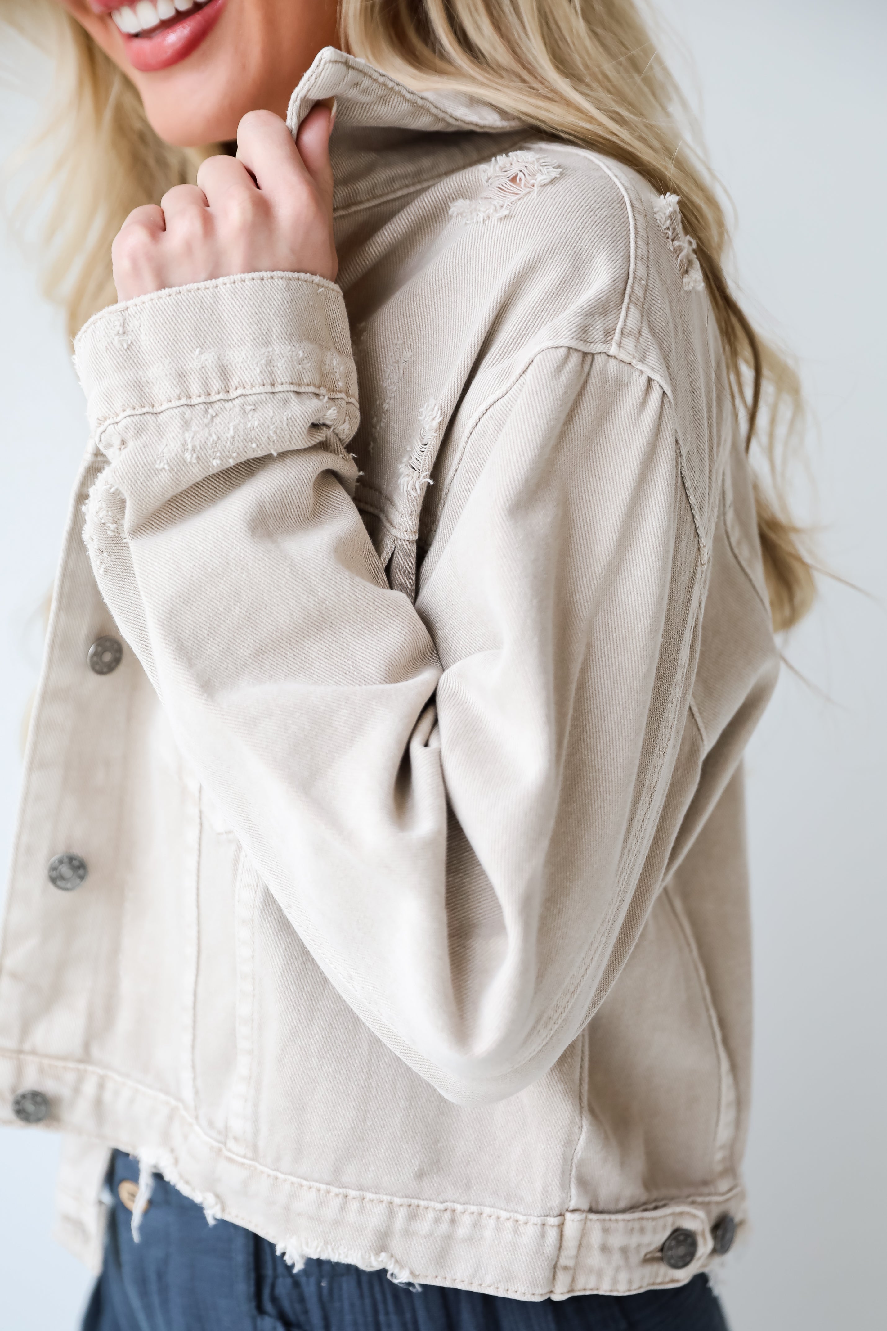 FINAL SALE - Definite Icon Taupe Distressed Cropped Denim Jacket