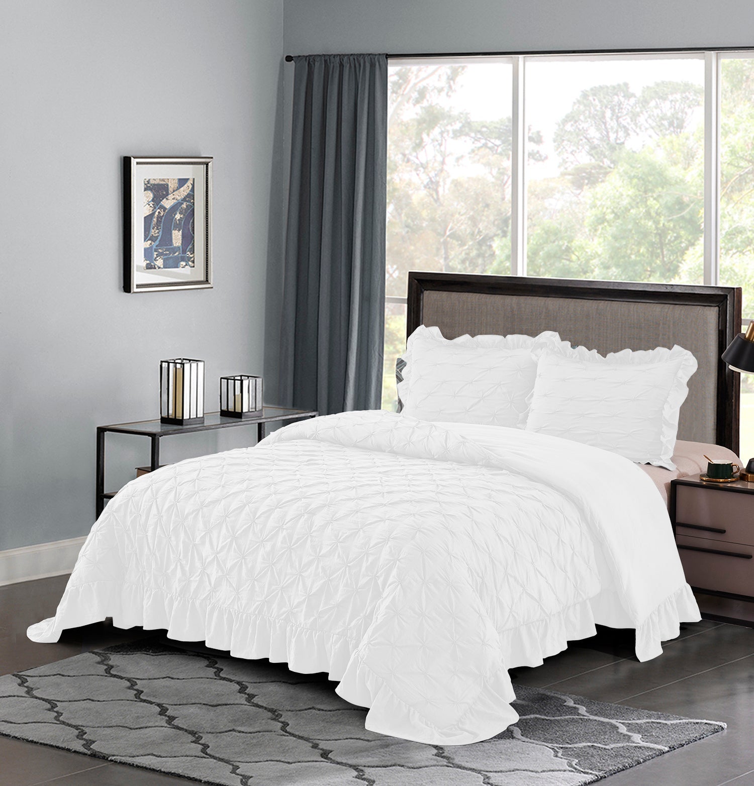 3 Piece Pinch Pleated Comforter Set - Chic Embroidery Farmhouse Style Bedding Set