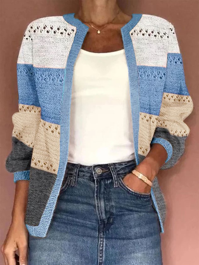 Women Knitted Color Block Long Sleeve Comfy Casual Jacquard Cardigan