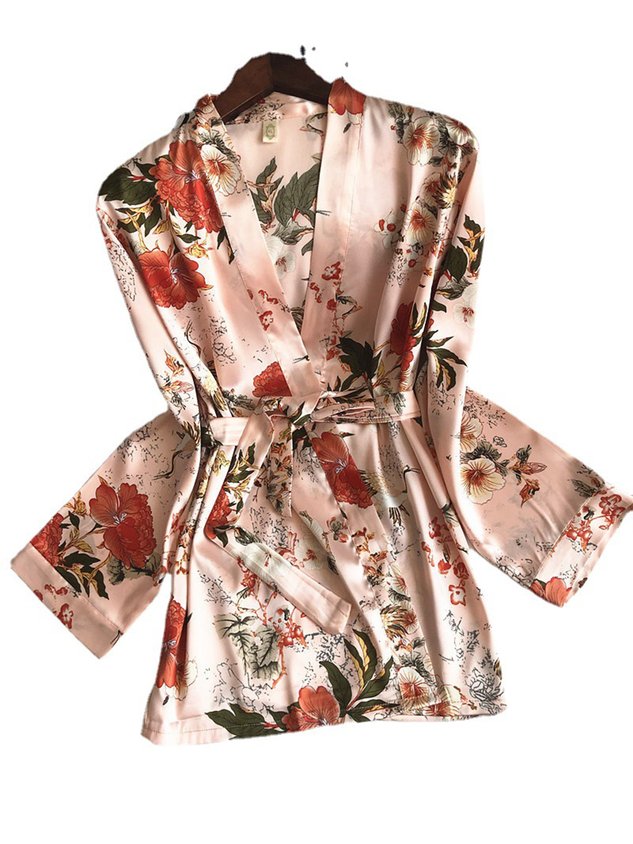 Floral Silk Fabric Long-Sleeve Jacket Camisole Trousers Pajamas Three-Piece Set