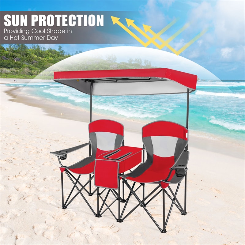 Folding Double Camping Chairs with Shade Canopy Portable Beach Chairs with Cup Holder