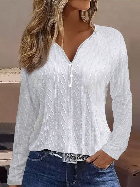 Casual Plain V Neck Long Sleeve T-shirt