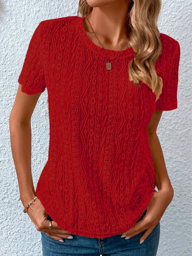 Loose Casual Crew Neck Solid Eyelet Embroidery Round Neck Tee