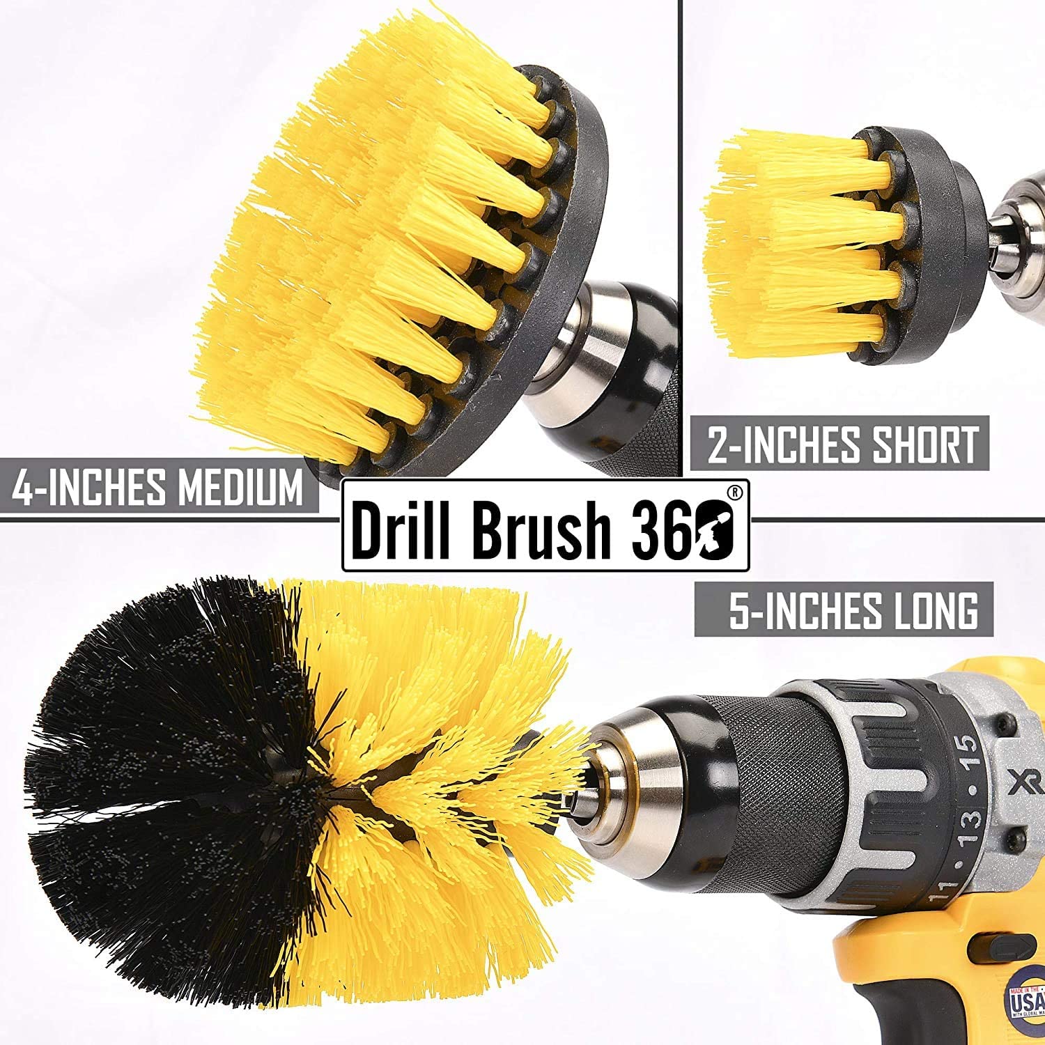 Original Drill Brush 360 Attachments 3 Pack kit Medium- Yellow All Purpose Cleaner Scrubbing Brushes for Bathroom Surface, Grout, Tub, Shower, Kitchen, Auto,Boat,RV