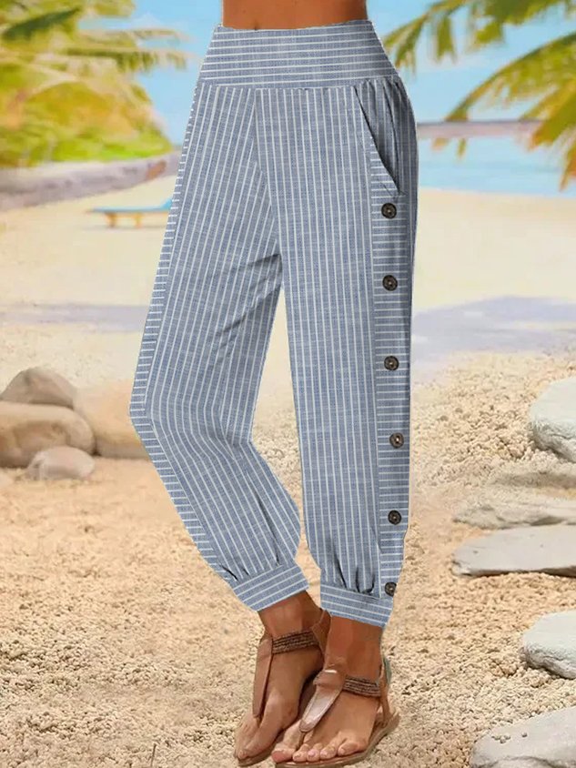 Casual Striped Natural Ankle Pants Elastic Band Buckle Straight Pants