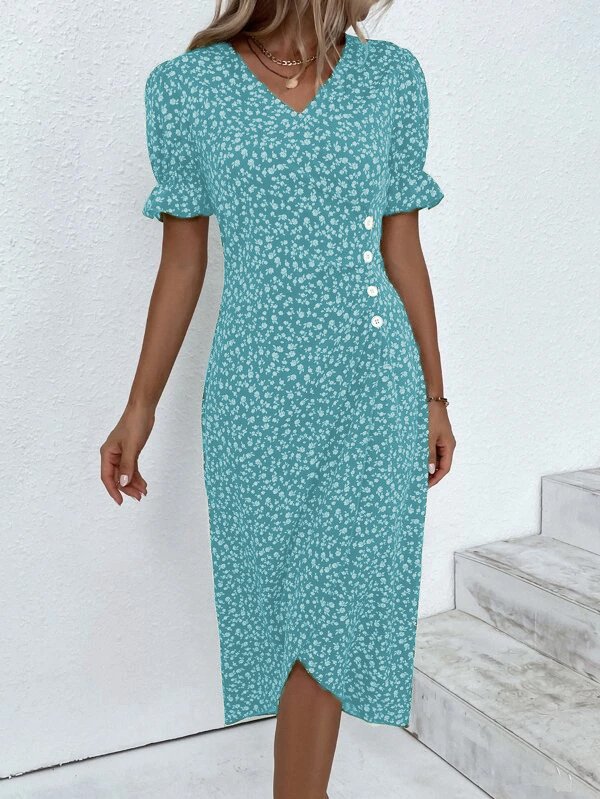 Women Vacation Floral Print V Neck Button Dress